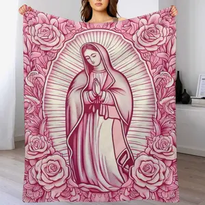 Cozy Pink Virgin Mary Blanket ，Super Soft Our Lady of Guadalupe Throw Blanket  with Floral Pattern, Perfect Gift for Mom, Grandma, Birthday and Valentine's Day, Suit for Sofa, Bed, Travel and Living Room,   Christian Catholic Faith Prayer ,Meditation