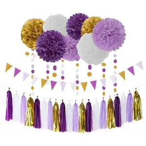 Purple Gold Graduation Decorations 30Pcs Lavender White Paper Flowers,Banner Flags,Tassel Streamer Garland Engagement Girl Bridal Shower Party Decoration Lasting Surprise - Home Improvement.