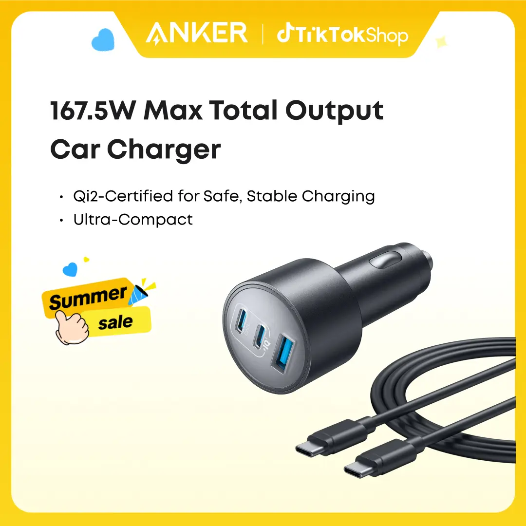Anker 167.5W 3-Port USB-C Fast Car Charger, Compact Design, Simultaneous Charging for iPhone 17/16 Series, MacBook Pro/Air, Samsung Galaxy S24/S23, AirPods, and More