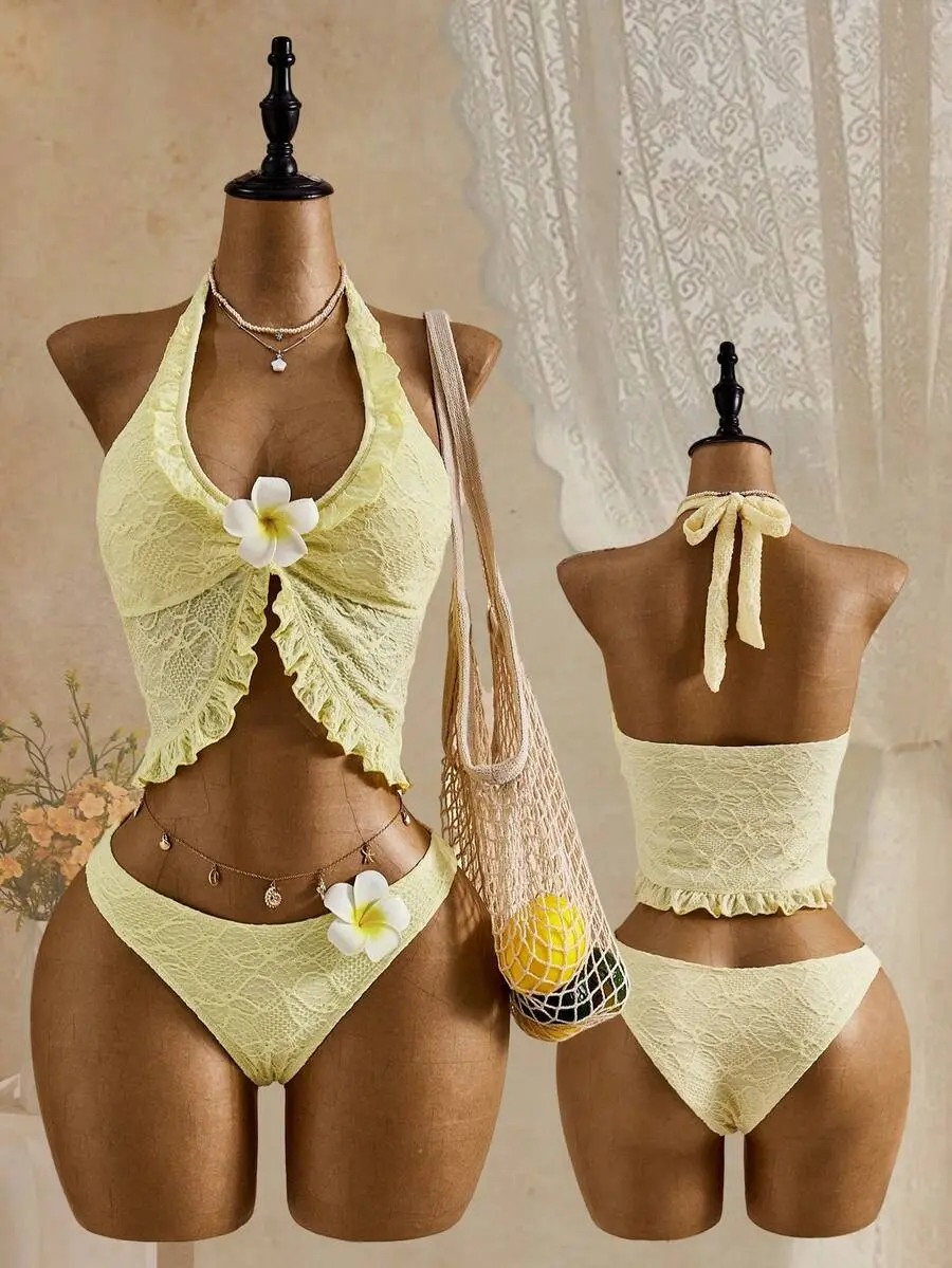DAMIKA 2pcs Women's Yellow Summer Tropical Beach Holiday Vacation Holiday Bikini Set, Hollow Floral Texture BOHO Daisy 3D Decor Padded Crochet Swimwear