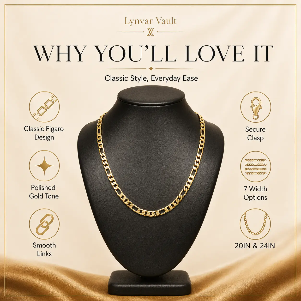 Lynvar Vault 14K Gold Plated Figaro Chain Necklace for Men Women, 2mm 2.5mm 4mm 6.5mm 8mm 9mm 10mm Classic Link Chain, 20/24 Inch Hip Hop Everyday Layering Jewelry Minimalist Layered Jewelry, Ideal Men's Gif