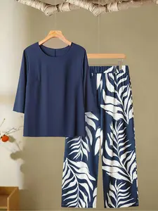 Elegant Women's Plus Size 2-Piece Set, Printed Pants & Solid Top, Geometric Pattern, Loose-Fitting, Spring & Fall Fashion