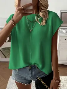 Women's Casual Knitted Short Sleeve Top, Summer Solid Color Fashion Style Shirt, Essential for Shorts, Beachwear Must-Have Loose Pullover, Womenswear