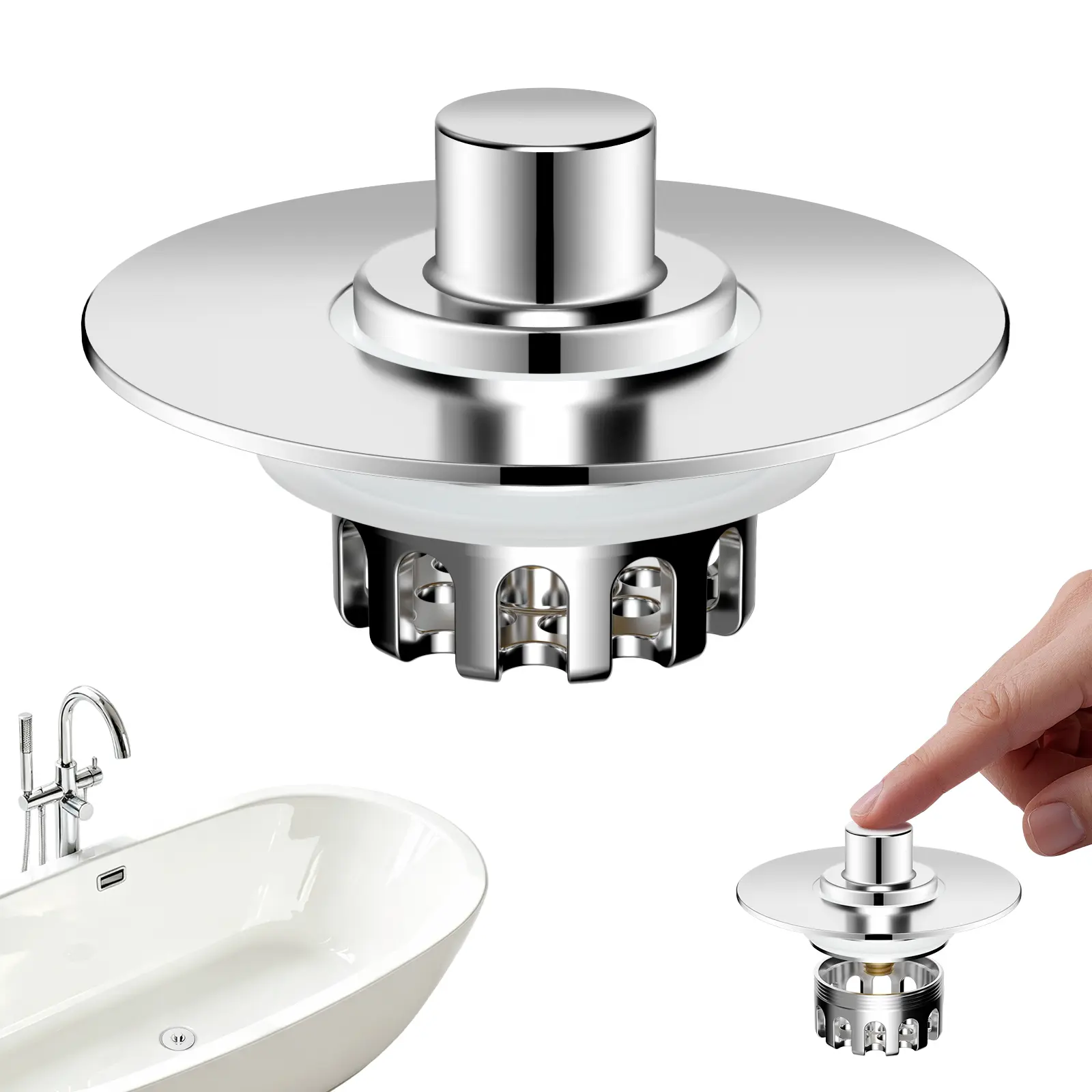 3 in 1 Metal Bathtub Drain Stopper, Universal Pop Up Tub Stopper Bathtub Drain Hair Catcher, Removable & Anti-Clogging Filter Basket, Fit 1.5''-2.4'' Drain, Brass Bullet Core, Chrome