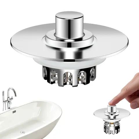 3 in 1 Metal Bathtub Drain Stopper, Universal Pop Up Tub Stopper Bathtub Drain Hair Catcher, Removable & Anti-Clogging Filter Basket, Fit 1.5''-2.4'' Drain, Brass Bullet Core, Chrome