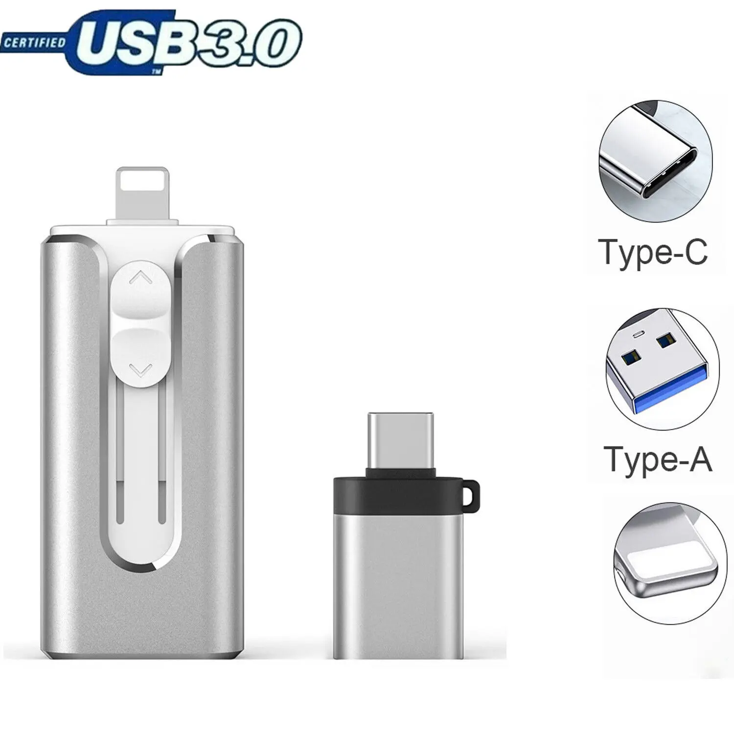 4-in-1 USB 3.0 Flash Drive for iPhone & Type-C & Android & PC, High-Speed External Storage, Backup Photos and Videos, USB Memory Stick Pendrive Thumb Drive Photo Stick, 64GB 128GB 256GB 512GB 1TB Storage, Christmas Gift