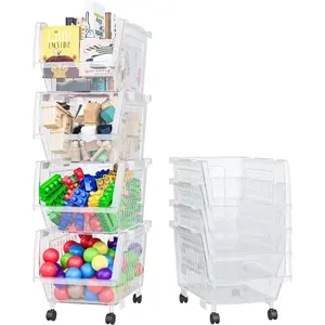 Stackable Storage Bins Open Front Clear, 4 Pack Small Stackable Storage Bins With Wheels, Toy Organizers, Kitchen, and Bathroom Essentials