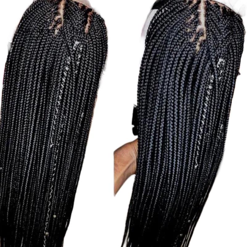 Black Box Braided Synthetic Hair Lace Front Wigs - Black, 13*4, 200% 32”Satin, Versatile for Casual and Formal Occasions