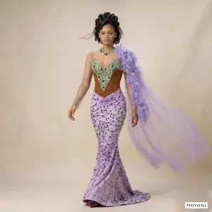 Women's Formal Wear Crystal Amethyst & Emerald Couture Mermaid Gown, Sheer Party Dress
