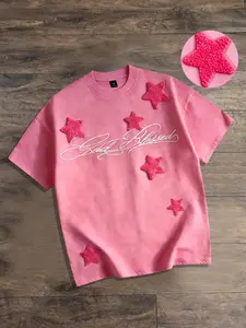Y2K geometric pentagram short sleeved men's and women's t-shirts with towel embroidery technique, star short sleeved shirt, 2026 summer new pink short sleeved aesthetic geometric shirt, European and American streetwear trend t-shirt, Tee