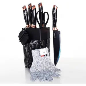 Kitchen Set – 9-Piece High Carbon Stainless Steel Set with Cut-Resistant Glove|   Razor-Blades, Ergonomic Handles, Built-in Sharpener|   Elegant Gift for Home Cooks and Chefs