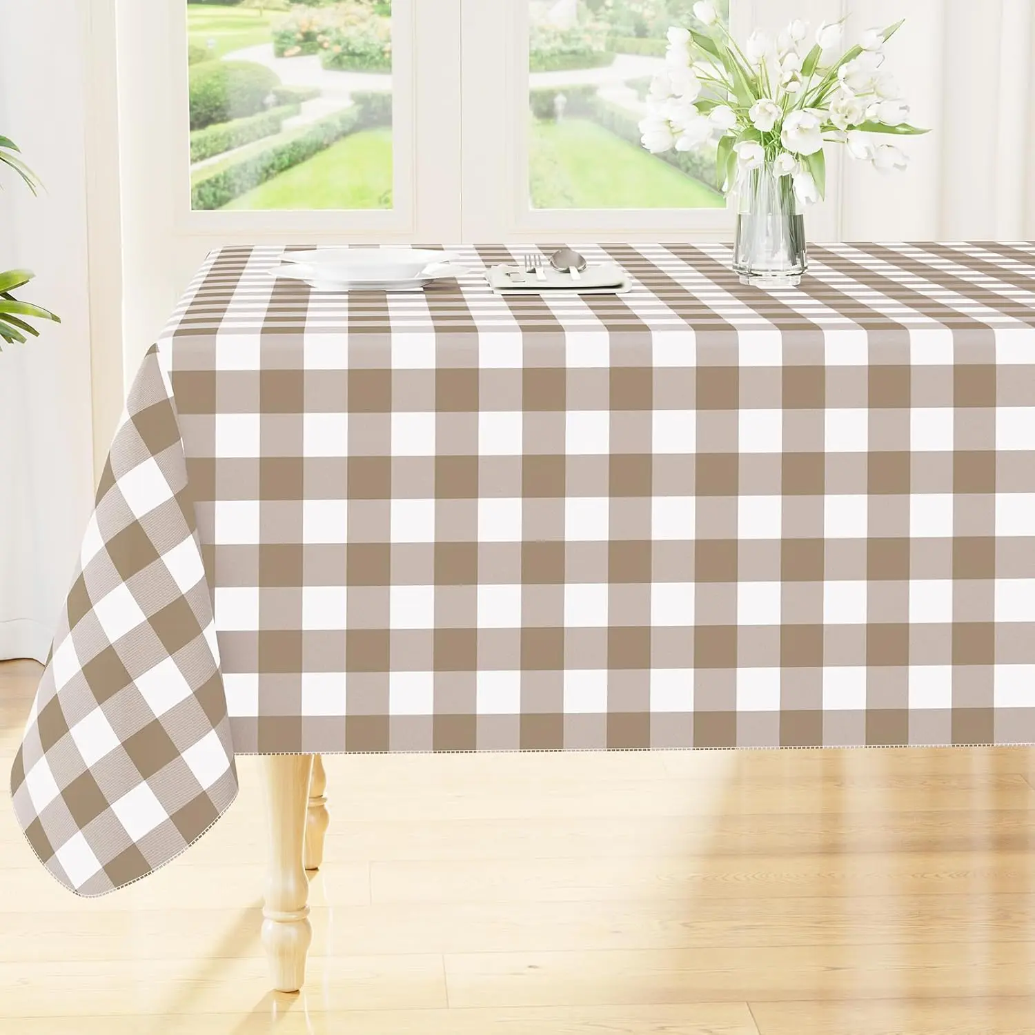 Smiry Rectangle Table Cloth, Waterproof Vinyl Tablecloths with Flannel Backing, Wipeable Buffalo Plaid Table Cover for Picnic, Indoor and Outdoor (Khaki & White, 60"x84")