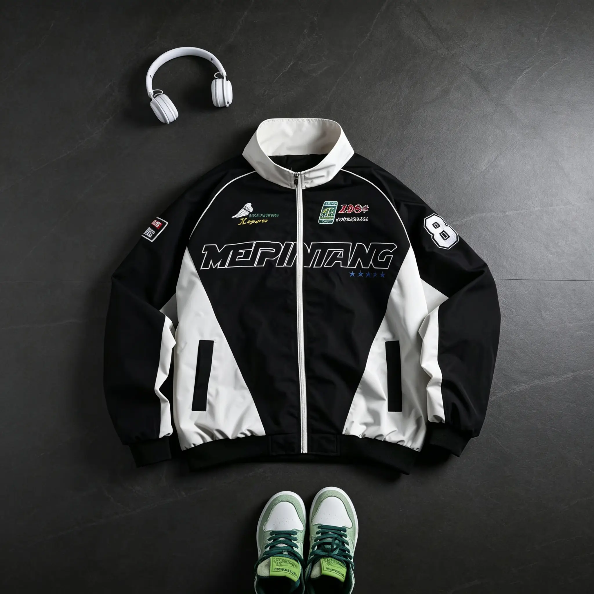 Men’s racing-style aviator jacket – featuring a printed pattern with patch details, a stand collar design, comfortable warmth, and a perfect blend of casual street style and this season’s trendy sporty look.Long-sleeve jacket
