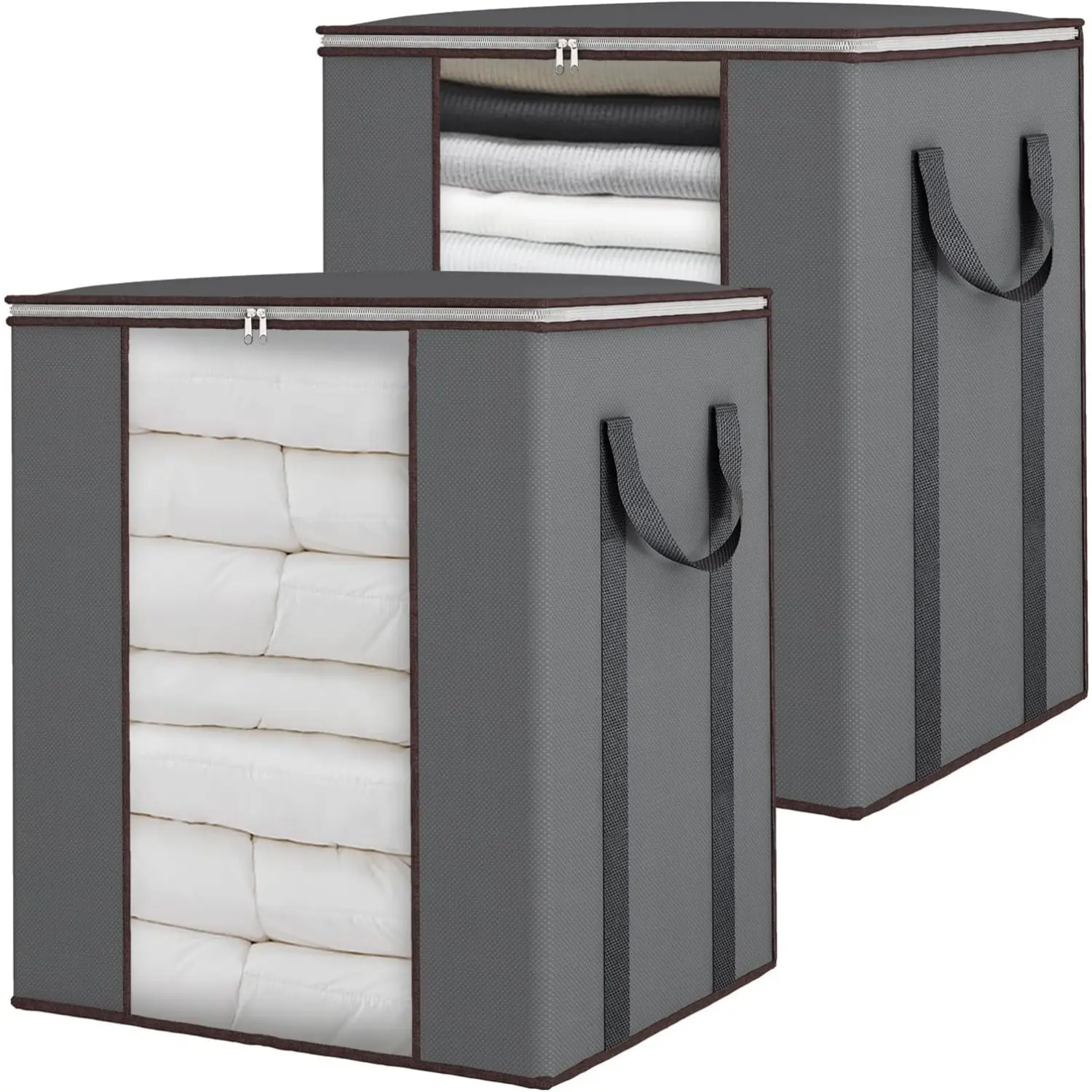 Home Improvement 2-Pack Extra Large 120L Blanket Storage Organiser Set, Reinforced Handles Breathable Containers for King Comforter, Bedding, Pillow (15.6W x 23.6H) Grey Clothes Storage Solution