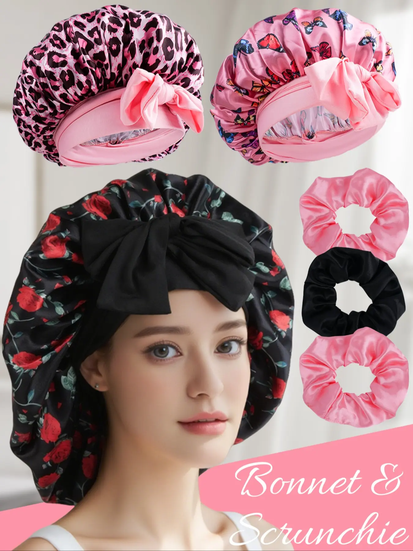 Butterfly Knot Sleep Cap with Small Hair Tie, Unisex Soft Silk Satin Sleeping Hat, Christmas Gift, Comfortable for Daily Use, Hair Care Cap, Bonnets for sleeping