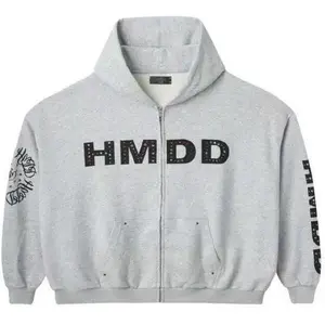 Happy Memories Don't Die HMDD Crystal Studded Zip Up Hoodie Grey