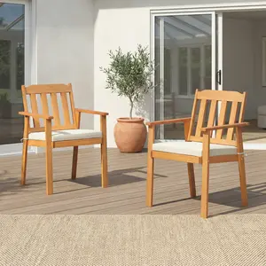 2‑Piece Acacia Wood Patio Dining Chairs with Cushions, Natural Outdoor Armchairs for Deck, Garden or Balcony, Slatted Back, 400 lb Capacity Each