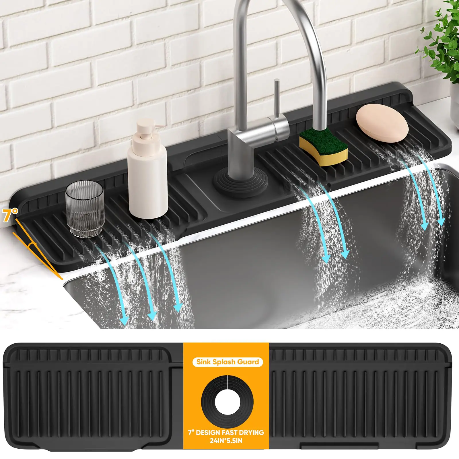 24-Inch Rectangular Durable Flexible Silicone Kitchen Sink Faucet Mat - 2026 Upgraded Splash Guard, Drainage Water Tray, Countertop Spill Catcher (Black, 24"x5.5")