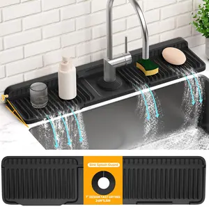 24-Inch Silicone Faucet Mat for Kitchen Sink Splash Guard – 2026 Upgraded Drainage Mat with Water Tray Behind Faucet – Countertop Protectors to Catch Spills (Black, 24" x 5.5")