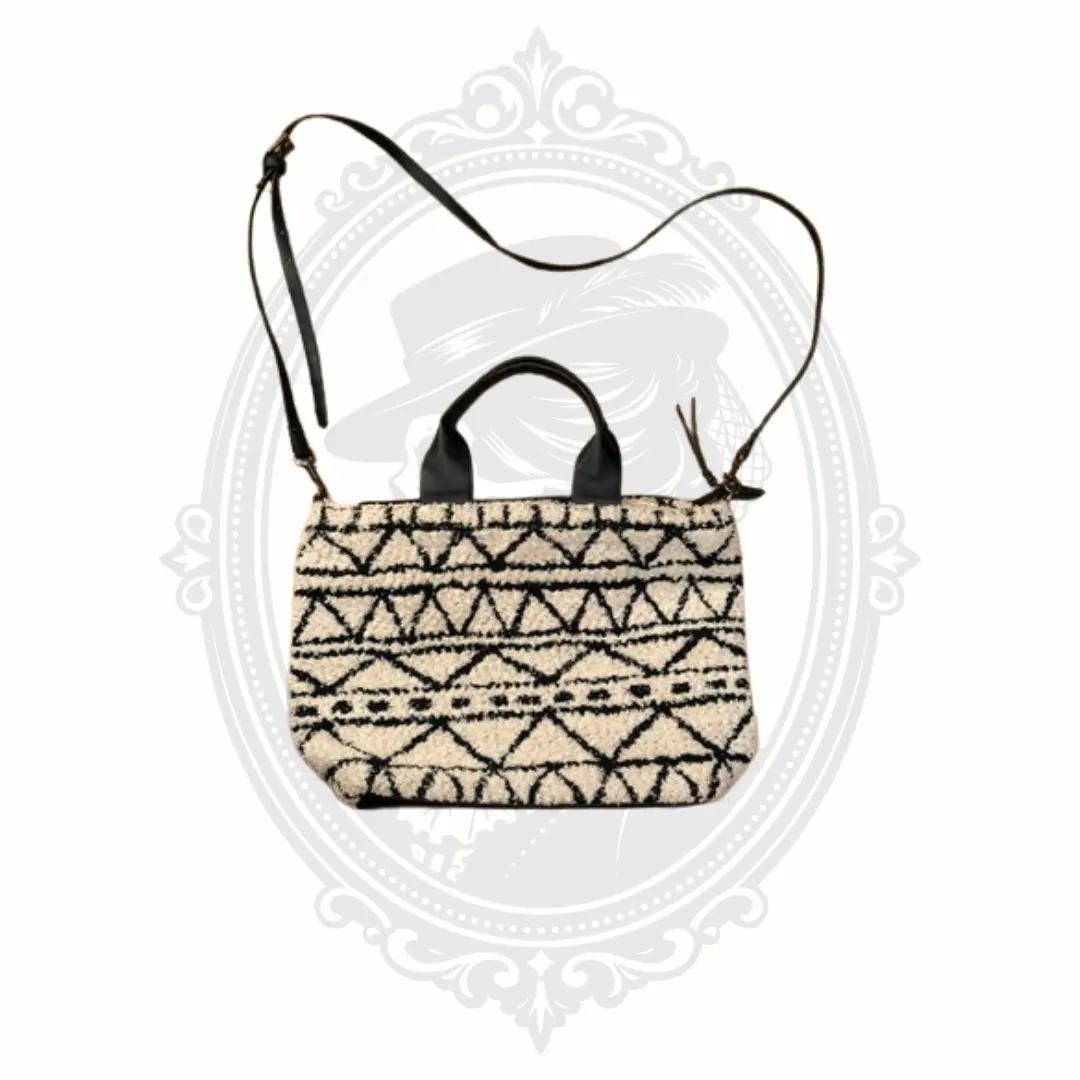 Universal Thread Women's Boho Sherpa-Style Boucle Fabric Crossbody Tote Bag, Cream with Black Geometric Tribe Print, Adjustable Removable Crossbody Strap, Zip-Top Casual Carrier, Top Handle, Zipper, Ethnic Women's Crossbody & Shoulder Bags