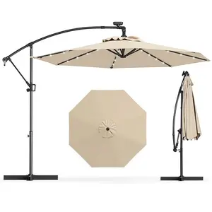 COSTWAY 10 FT 360° Rotating Solar Patio Umbrella, Offset Cantilever Outdoor Umbrella with 360 Degree Rotation, Aluminum Pole, Easy Tilt Adjustment, Crank Handle & Cross Base for Pool Deck Garden Backyard