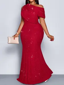 Spring Summer Elegant Plain Big Size Women's Dress, Asymmetrical Neckline High Waist Ruched Bodycon Long Dress, Casual Evening Party Fit