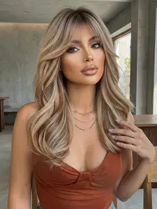 20 Inch Bangs Medium Long Curly Hair Natural Full Head Wig, Heat Resistant Fiber, Versatile Style for Women, Suitable for All Occasions, Natural Looking Wig