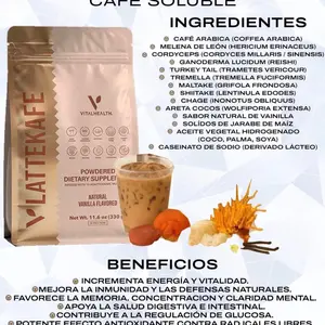 Lattekaffe 10 Hongos Adaptogenos 30 Sobres de Café Natural Vanilla Latte Flavor with Lion's Mane Reishi Cordyceps for Energy Focus