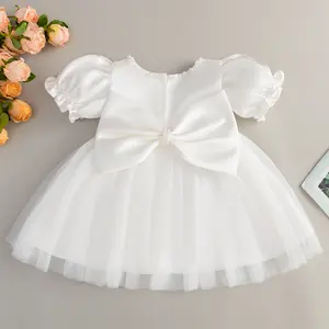Luxury Baby Girl Formal Christening Baptism Dress Infant Toddler Flower Girl Dress Kids Baby Girls Princess gown Wedding First Birthday Party Pageant Dresses Newborn Tulle Satin Pearls Bowknot White Dress Baby Girls Clothes