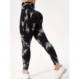 Three-Piece Set of Sports Yoga Leggings for Women in Tie-Dye Black, Gray, And Solid Black. gym  shark  leggings sport high waist seamless