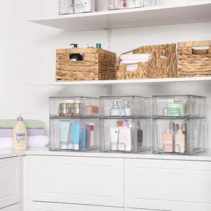 Clear Stackable Storage Drawers 4 Pack - Easy to Assemble Bathroom Organizers, Plastic Drawers for Kitchen Pantry & Cabinets, Handles Included