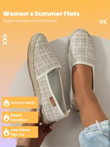 Women's Fashionable Woven Design Slip on Espadrilles, Casual Comfortable Square Toe Flat Shoes for Summer, Lightweight Breathable Shoes for Daily Wear, Girl, Lightweight Slip ons