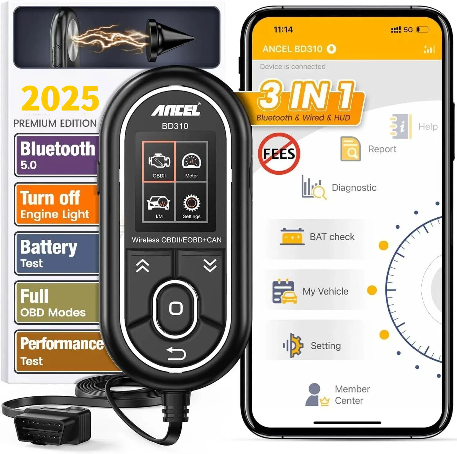 ANCEL BD310 Bluetooth OBD2 Scanner, 3 in 1 Car Diagnostic Tool Check Engine Light Code Reader for Android & iPhone, App Based OBDII, Wireless Automotive Gauge Car Scanner, Heads-up Display