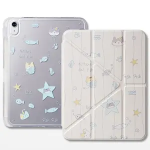 Cat eats fish  Cute Cartoon Case For iPad 10th 11th A16 10.9 Air 11 13 M2 M3 Mini 6 Pro 11 7th 8th 9th 10.2 Air 4 Air 5 10.9 Pro 12.9 Samsung Galaxy Tab Redmi Xiaomi Pad  Huawei MatePad Auto Sleep Awake Pencil Slot