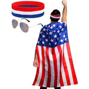 Frienda American Flag Costume Cape, Retro 80'S USA Sunglasses and Flag Headband for 4Th of July Independence Day Celebration Frienda
