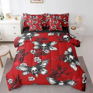Feelyou 7-Piece Sugar Skull Bedding Set - Queen Size Comforter, Gothic Floral Skeleton, Horror Moth Butterfly Design Bed-in-a-Bag for Teens