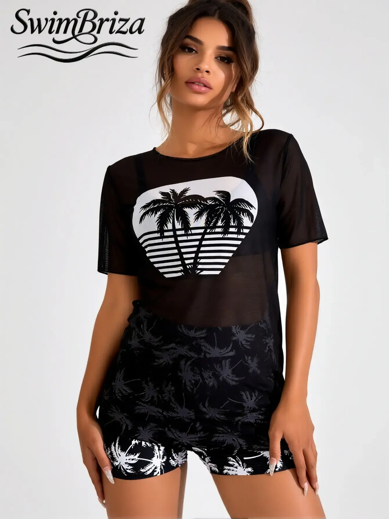 Briza｜Sheer Mesh Tankini Swimsuits Set In Black Palm Print With Swim Shirt And Tankini With Shorts As A Swim Shorts Set Women Love For Vacation Swimwear For Women And Swimsuit Cover Up For Women And Bathing Suit Women Set For Beach Chic