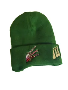 Santoryu Three Swors Beanie - Green Knit Hat with Embroidered Swords Design