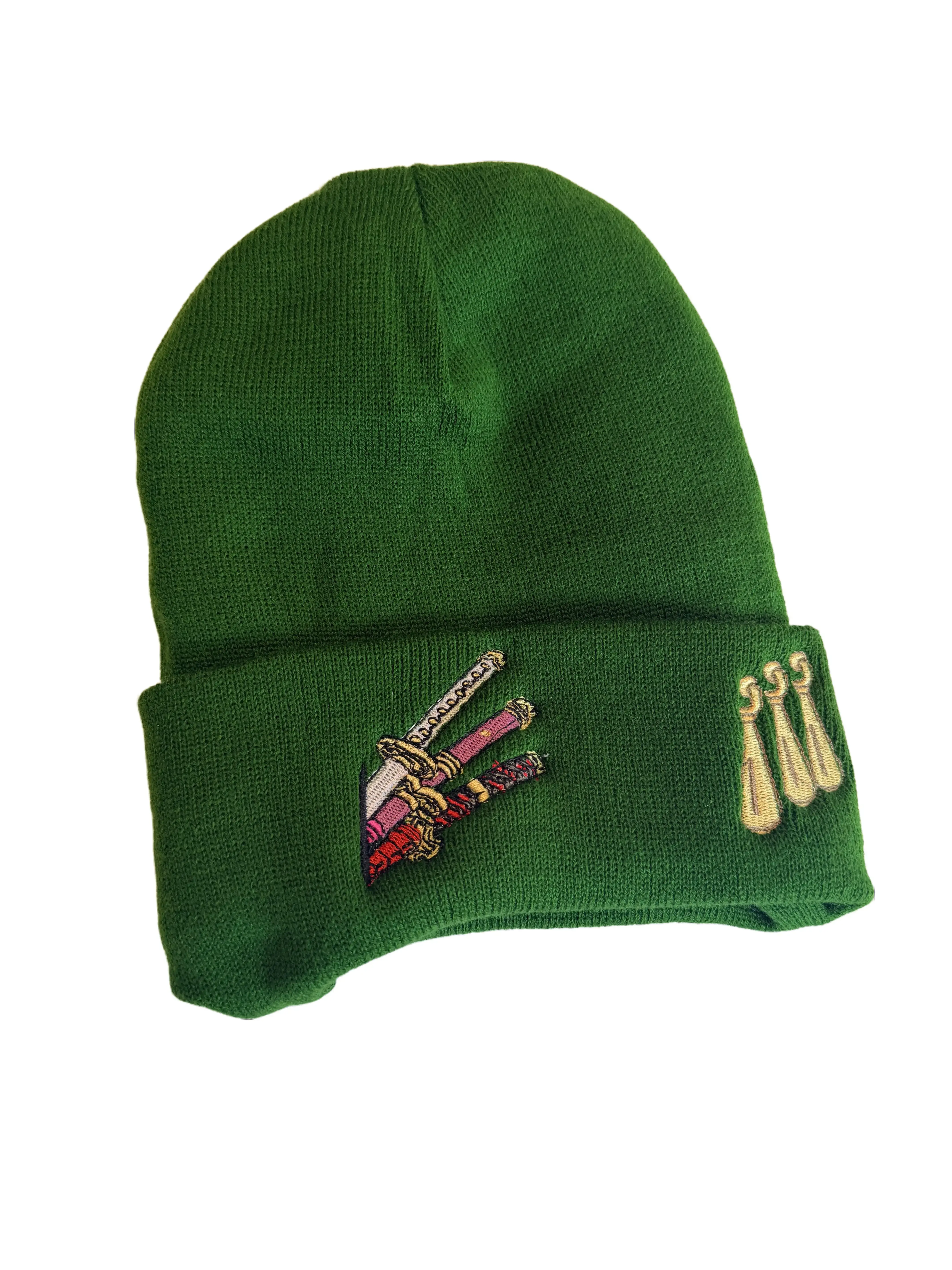 BB's Custom Wear Cotton Beanie - Green Premium Handmade Knitting Headgear Hat, Unisex 1-Size-Fits-All Anime 3-Swords Embroidered Crossed Blades Design, Casual Daily Wear Anime Embroidery Hat, Anime Embroidery Hats