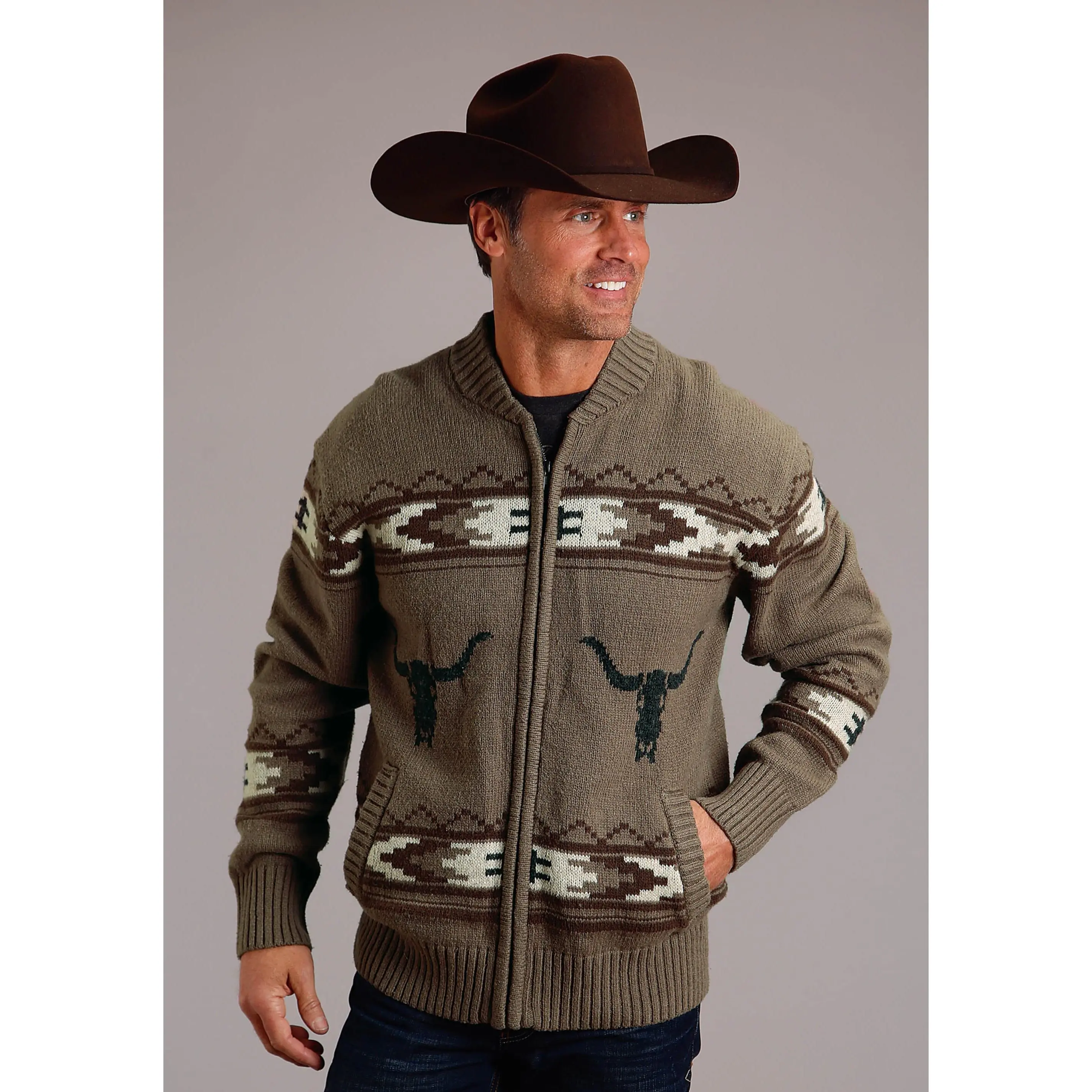 Men's Stetson Brown Vintage Longhorn Wool Blend Sweater