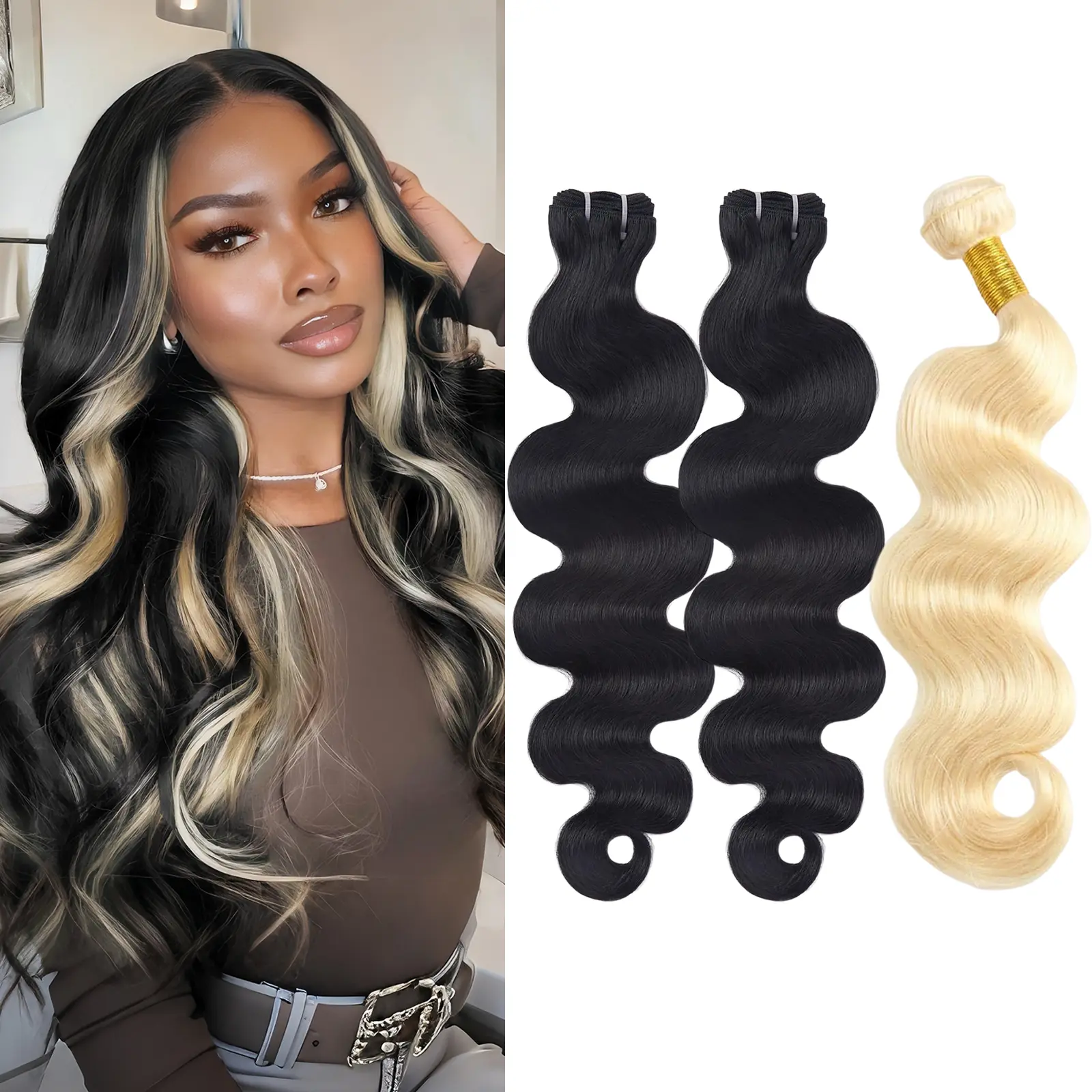 Brazilian Body Wave Human Hair Weft Extensions, 3-Pack #1B Black & #613 Blonde Highlights, for Sew-In or Quick Weave Hair Extension