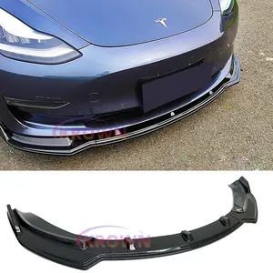 FITS 2017-2024 TESLA MODEL 3 CARBON-LOOK 3PC V2 STYLE FRONT BUMPER LIP SPLITTER