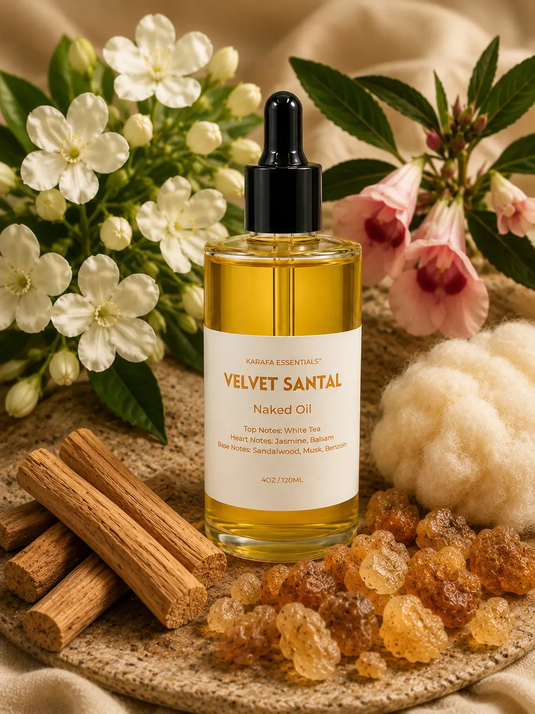 Velvet Santal Moisturizing Body Oil with White Tea Jasmine Balsam Sandalwood Musk Benzoin by Karafa Essentials