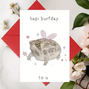 1-Piece Goofy Toad Birthday Greeting Card – Bunny-Eared Toad + Wand Art, Playful "hapi burfday to u" Text. Whimsical Watercolor Design, Premium Paper. Perfect for Lighthearted Birthday Greetings – Unique, Cute (and Slightly Ridiculous) Vibe to Make Their