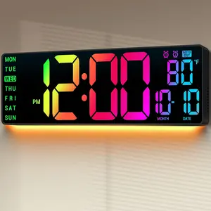 16.5" Large Digital Wall Clock: 11 RGB Color LED Display with Remote Control, Auto DST, Temperature & Date, Big Number Wall Clock  Seniors, Classroom, Office, Gym, Home Decor Black