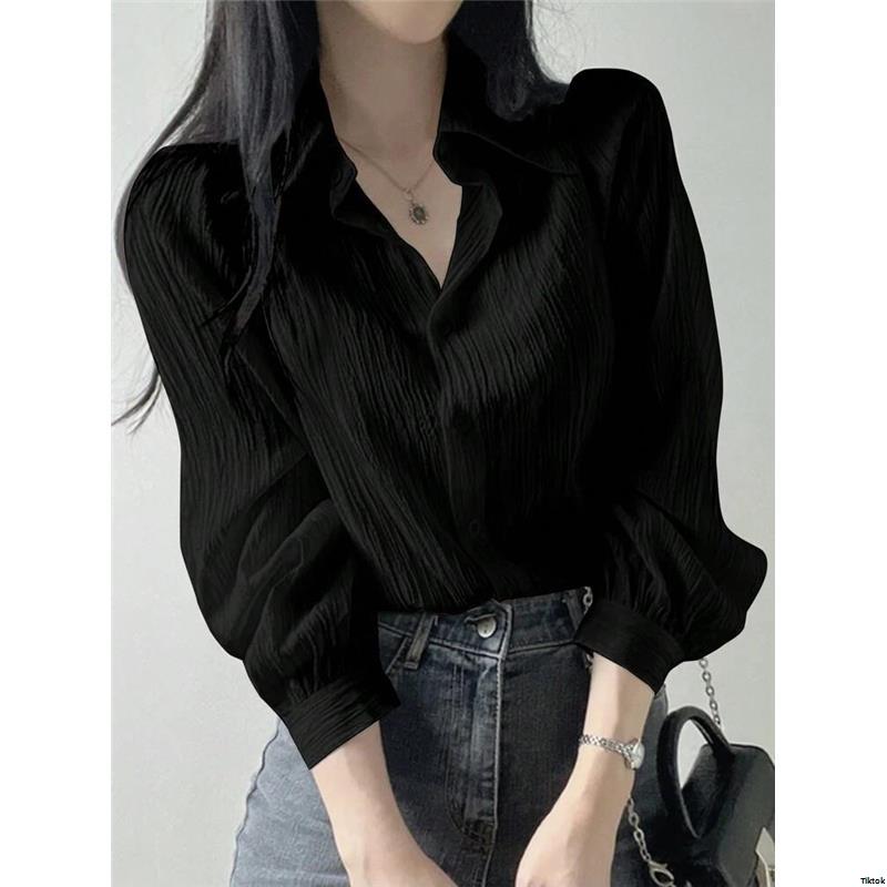 Spring Black JoudiyaWomen sPleatedSolidColorLapelLooseShirt Autumn