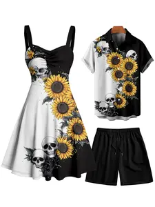 2025 Couple Set Women's Contrast Color Sunflower Skulls Pattern Ruched Bust Belt Gothic Dress and Men's Button Up Roll Up Shirt Drawstrings Shorts Outfit