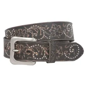 Snap On 1 1/2" Soft Hand Vintage Cowhide Full Grain Leather Floral Embossed Rivet Studded Casual Belt