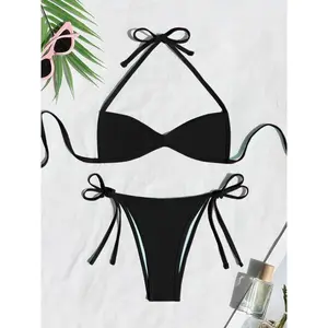 Two-Piece Set Women's Plain Bikinis for Summer 2025, Solid Color Halter Tie Back Bikini Top & Tie Side High Cut Bikini Bottom, Gothic Bikini, Bathing Suits 2025 for Women, Swimsuit for Women, Back-to-school Clothing