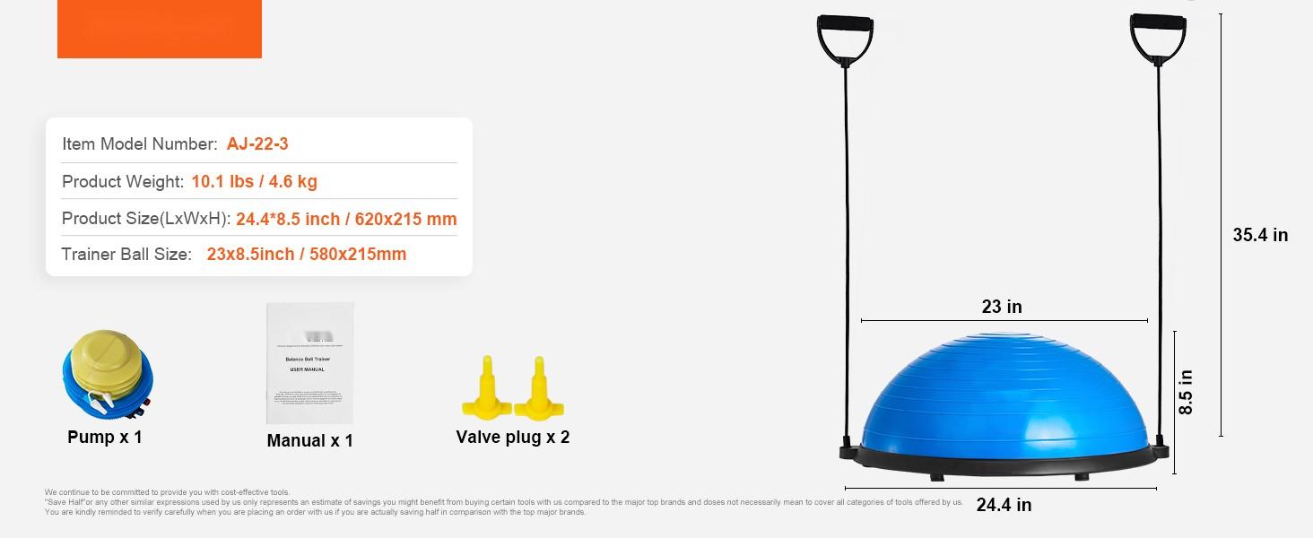 Half Exercise Ball Trainer, 23-Inch Balance Ball, 660-Pound Capacity Stability Gym Ball, Yoga Ball With Resistance Bands And Foot Pump, Full Body Workout And Strength Training Ball For Home Gym, Blue